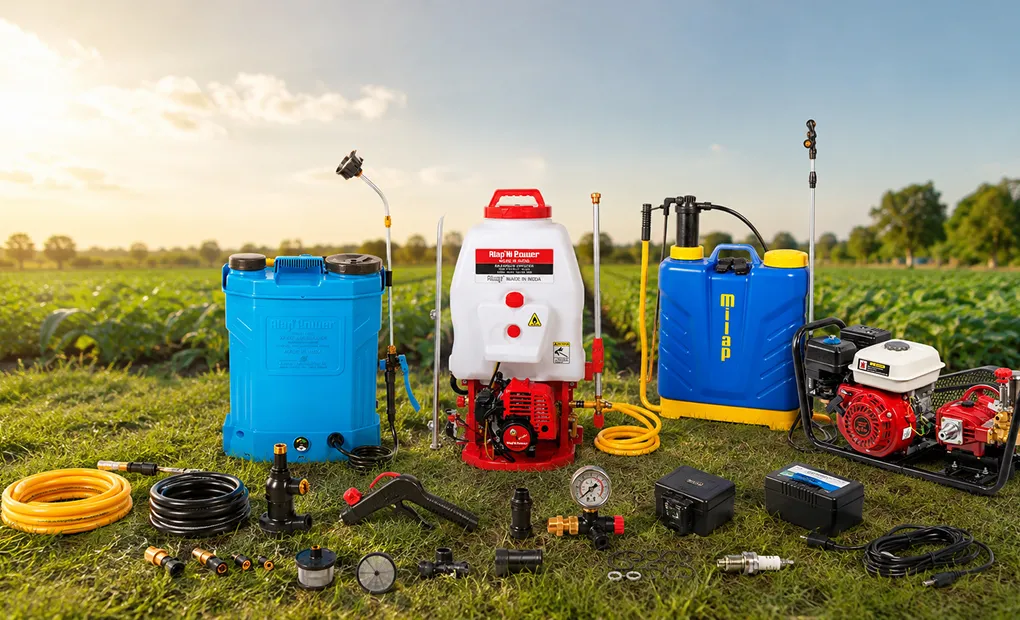 Labelled diagram showing agriculture spray pump spare parts name list for battery, manual, power and HTP sprayers by Almighty Agrotech