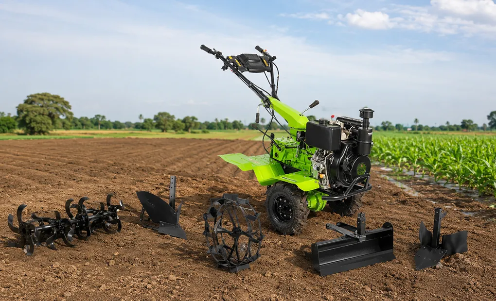 Full range of ALAP power weeder attachments including ridger, cultivator, cage wheel and tilling blade by Almighty Agrotech