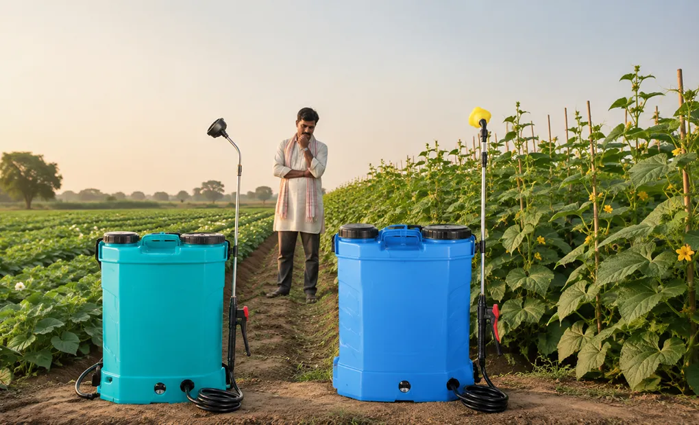 Farmer comparing single motor and double motor battery sprayer models from the ALAP and MILAP range by Almighty Agrotech