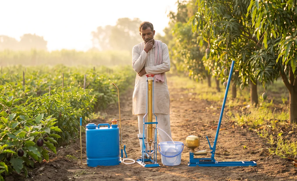 Farmer comparing an ALAP knapsack sprayer, foot sprayer and rocker sprayer in a vegetable field and orchard