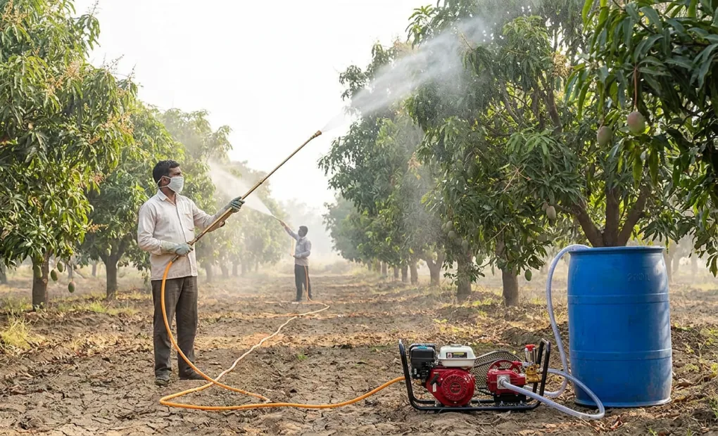 Farmers spraying tall mango trees with an ALAP HTP complete set pump drawing from a blue drum in an orchard