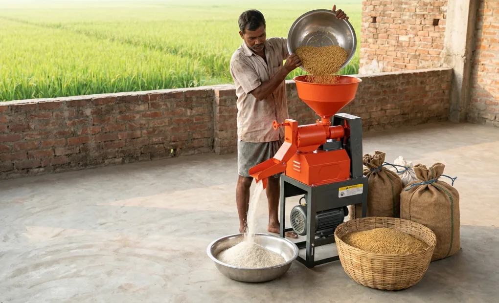 Farmer pouring paddy into an ALAP ARM-6N-40 mini rice mill in a village courtyard as milled rice fills a steel basin