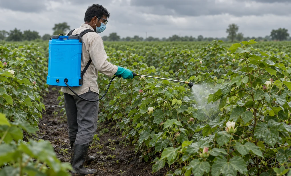 A farmer wearing a mask, safety glasses and gloves spraying a cotton crop with a blue battery knapsack sprayer under monsoon clouds