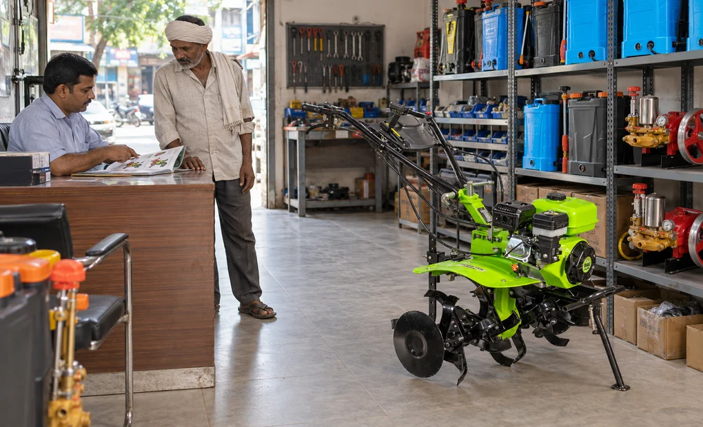 A farmer looking at a green power weeder in an agriculture machinery dealership while the shop owner shows a catalogue at the counter