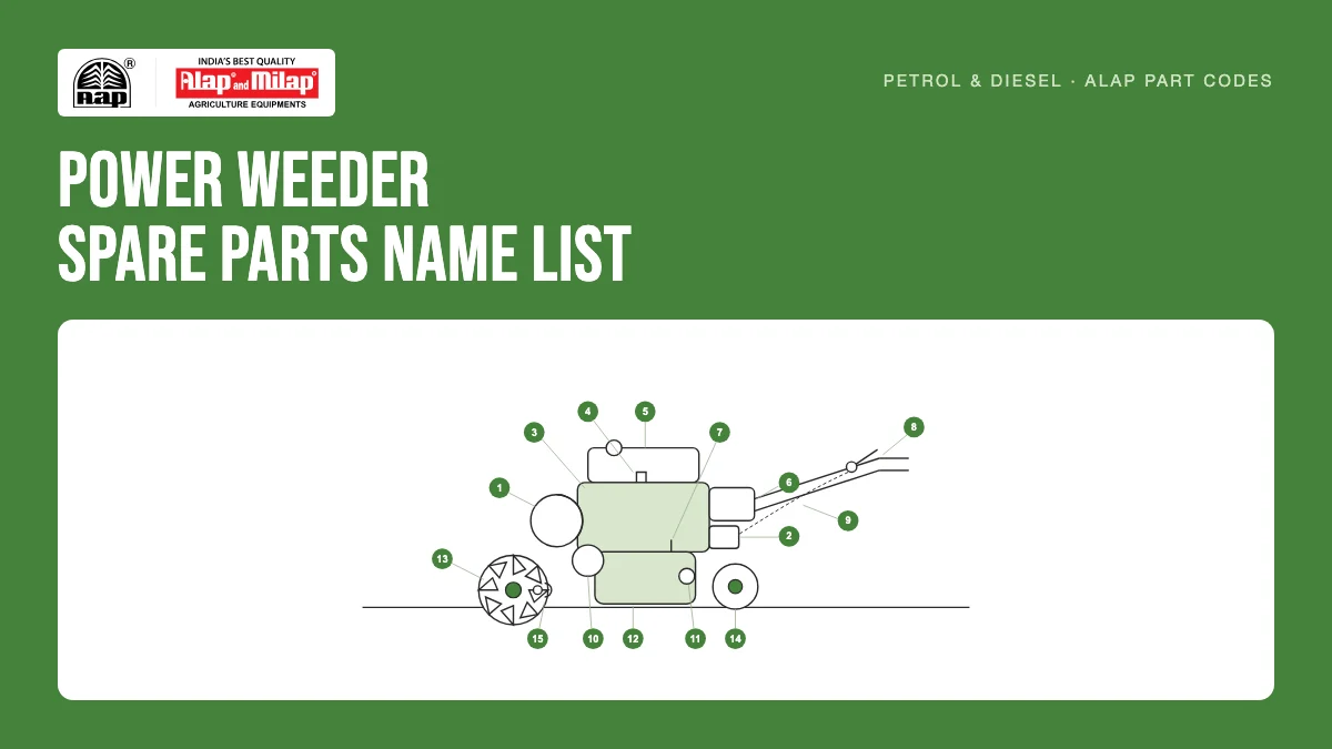 Labelled diagram showing power weeder spare parts name list with ALAP part codes for petrol and diesel models by Almighty Agrotech