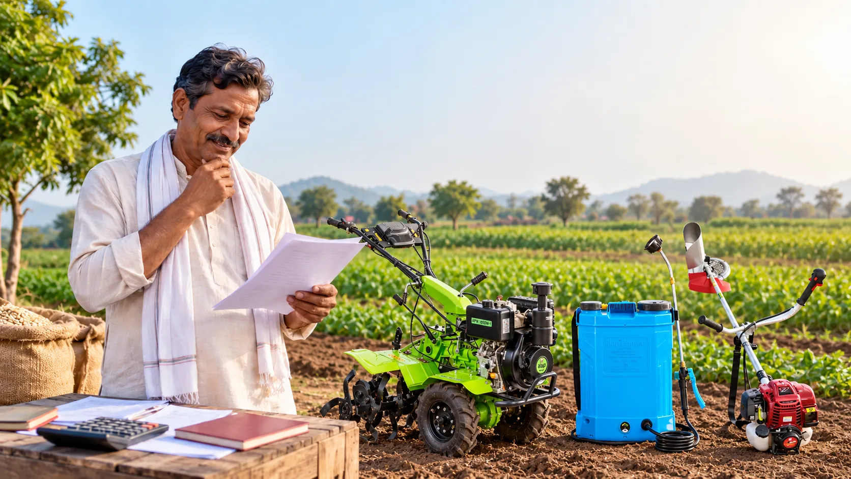 Indian farmer with a subsidised power weeder bought under the Krishi Yantra subsidy scheme