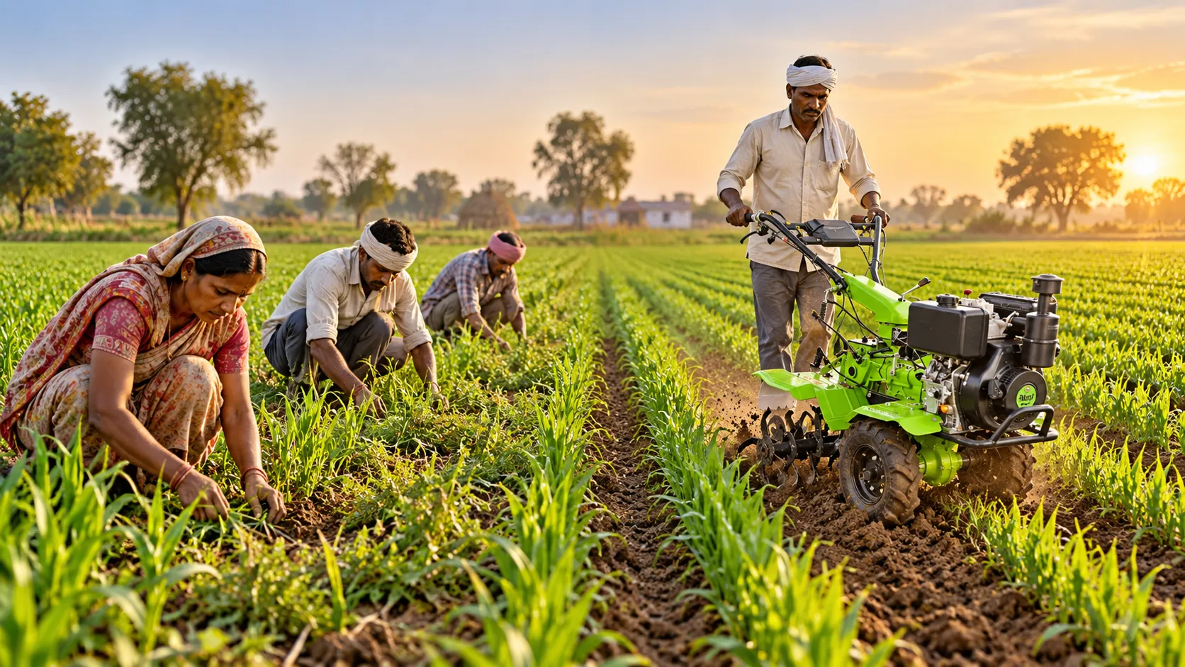 Farmer using a power weeder instead of manual labour, showing cost savings for Rabi weeding