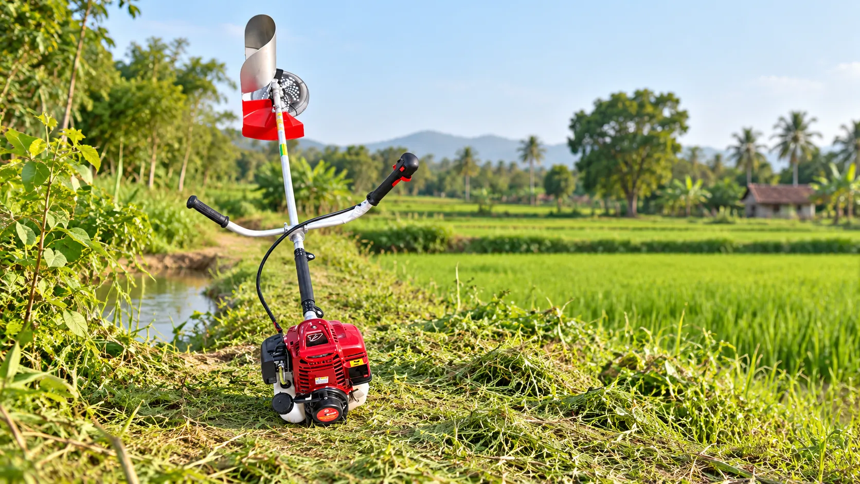 ALAP brush cutter machine cutting grass on a field bund in India