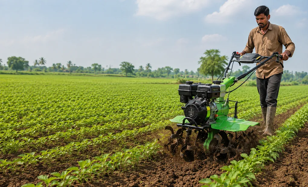 ALAP power weeder with rotary blades clearing weeds between crop rows on an Indian farm