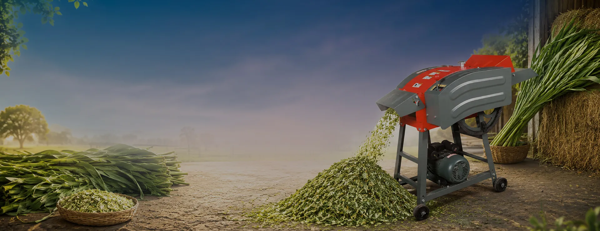 ALAP chaff cutter machine beside chopped green fodder and bundled stalks