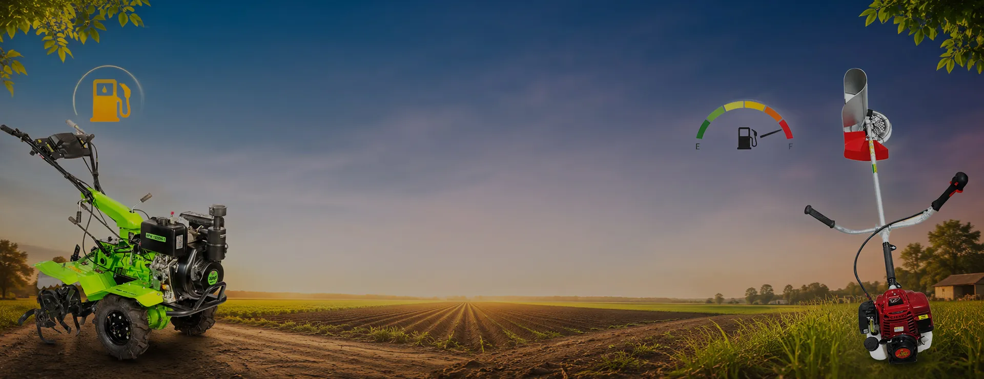 ALAP power weeder and brush cutter with a fuel gauge and fuel pump icon over a field at sunrise