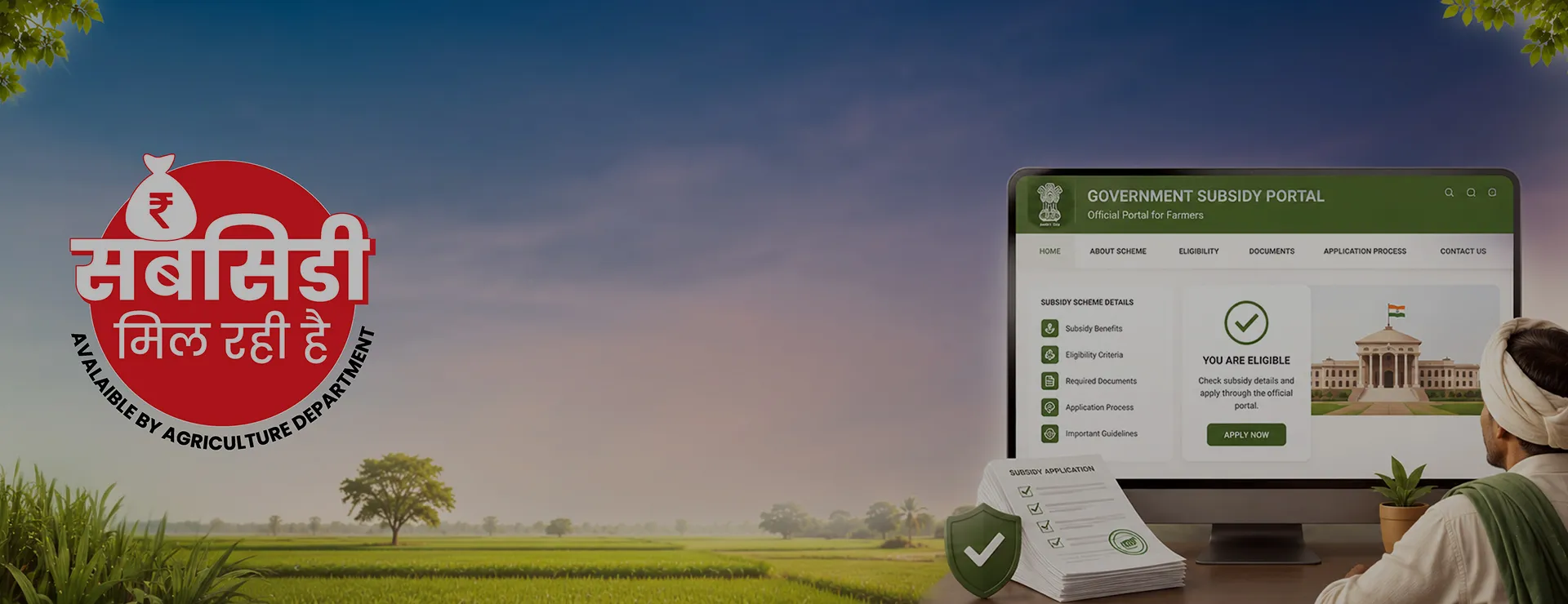 Government agriculture subsidy portal open on a laptop with a Hindi krishi yantra subsidy notice
