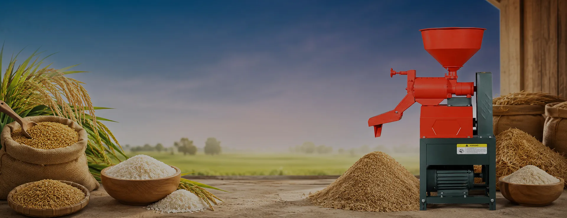 ALAP rice mill machine with sacks of paddy, a bowl of milled rice and a paddy heap