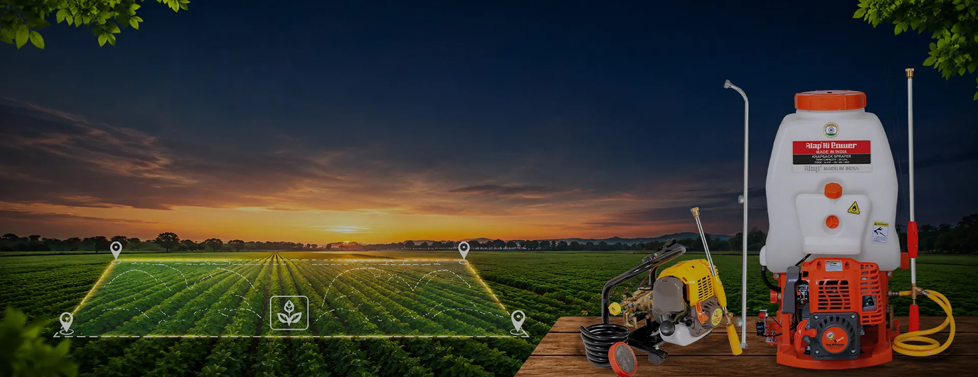 Crop field marked with an area measurement overlay beside an ALAP backpack power sprayer