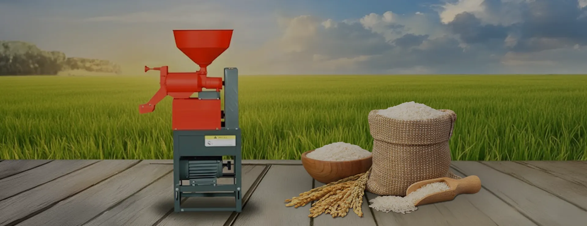 ALAP rice mill machine with milled rice and paddy sacks in front of a paddy field